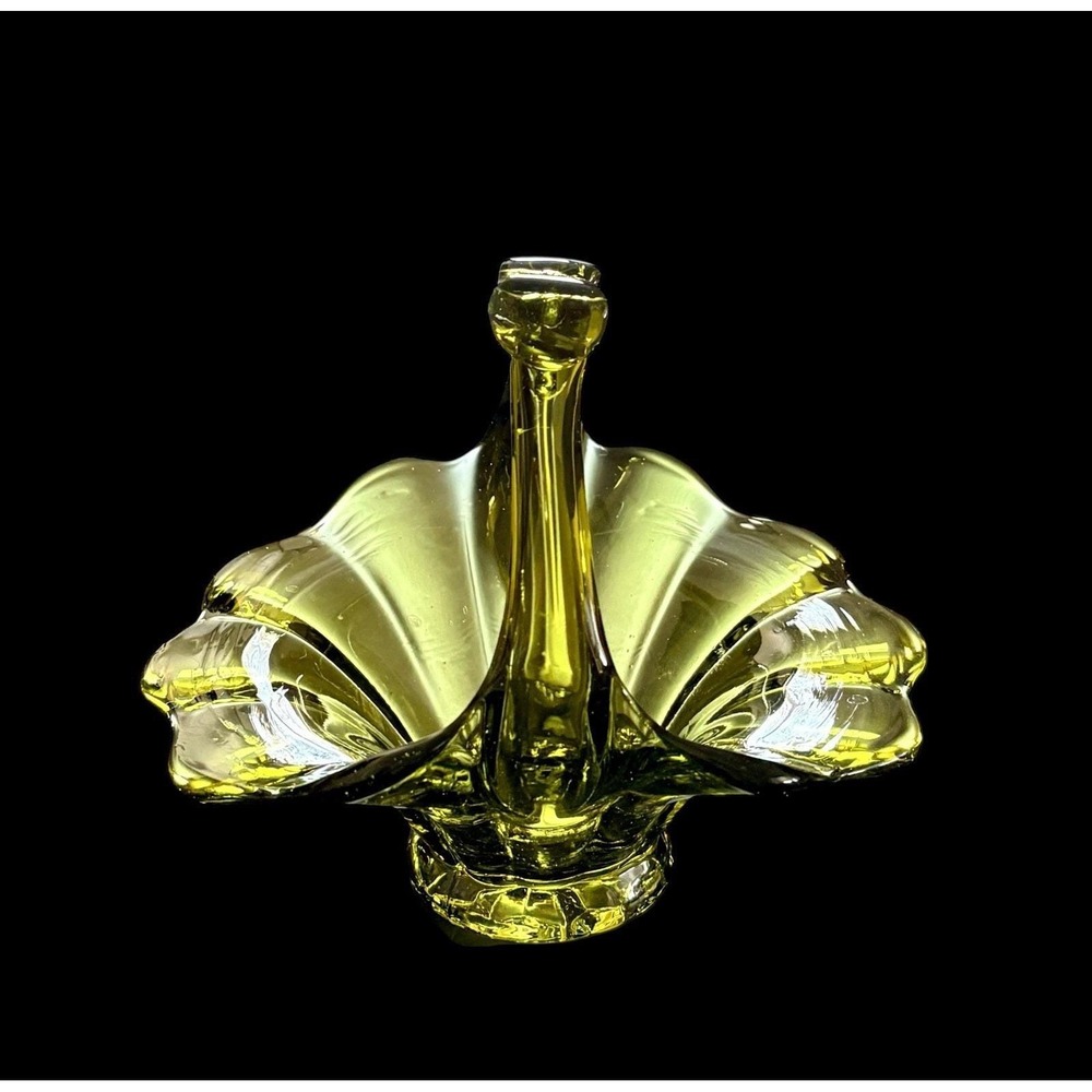 Vintage Art Glass Olive Green Hand Blown Split‎ Handle Basket Vase 1950s MCM
